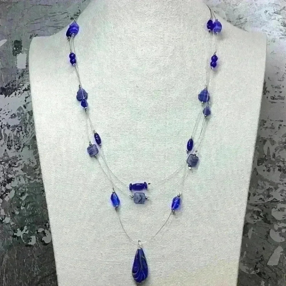 Blue Glass Bead and Wire Necklace